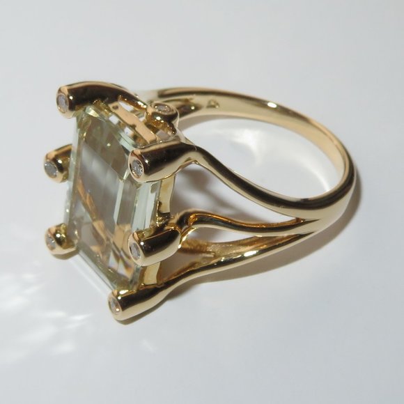 Natural Prasiolite Green Quartz Natural Diamonds 14K Yellow Gold Cocktail Ring - Picture 5 of 12